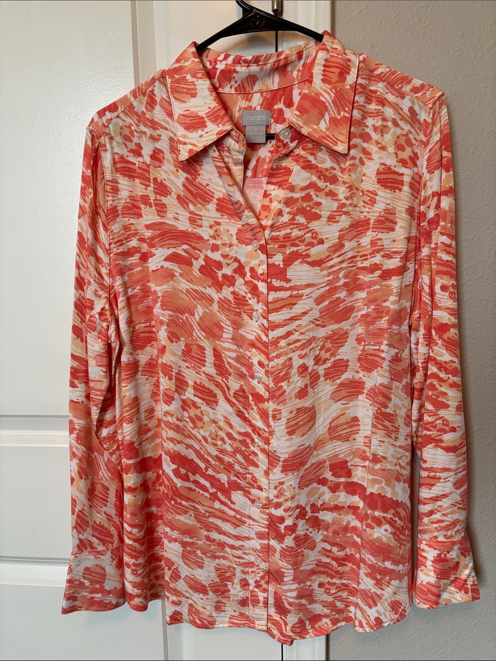 Chicos Coral Abstract Animal  Print Button-Up Shirt Long Sleeve